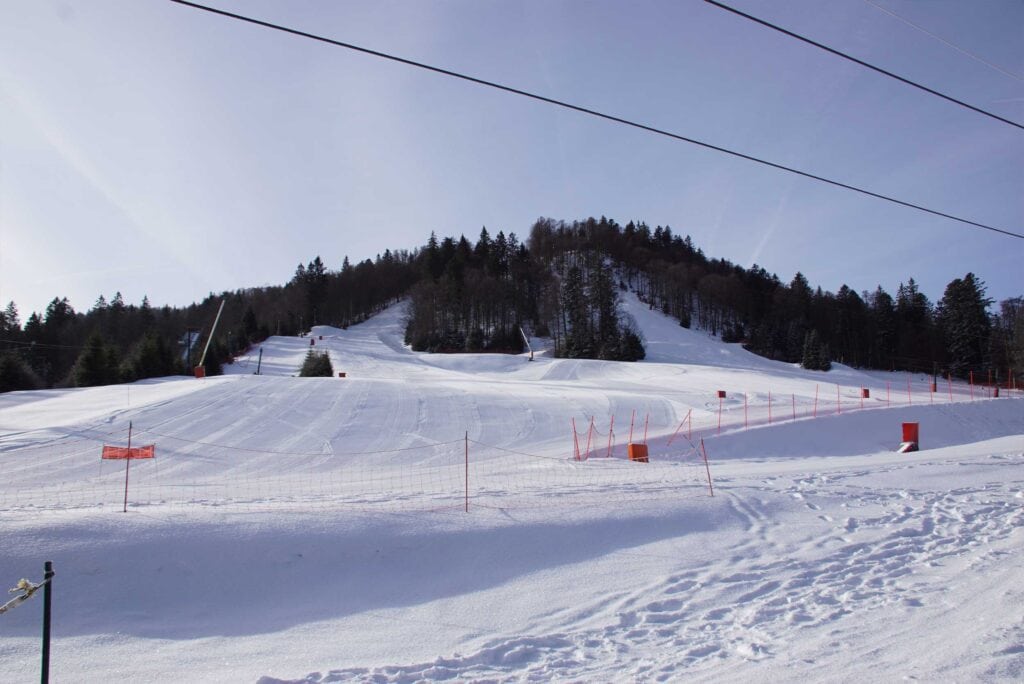 Grand domaine skiable enneigé à La Bresse avec pistes de ski alpin et forêt en arrière-plan.